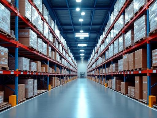 A modern warehouse with organised inventory for an e-commerce business.