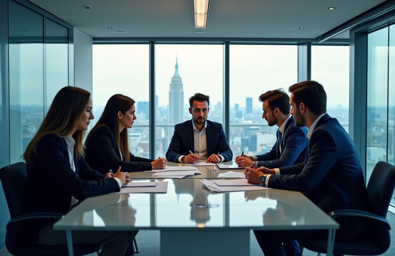 A diverse team of professionals in a strategic planning meeting in a modern London office.